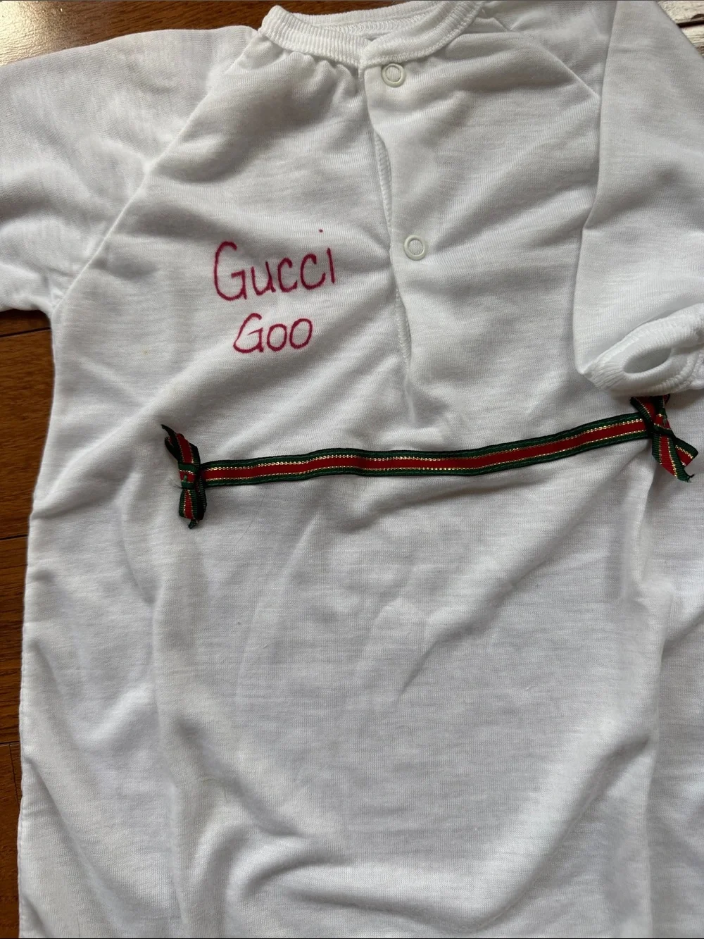 “Gucci Goo” White Sleep Sack and Bib Set with Red-Green Trim